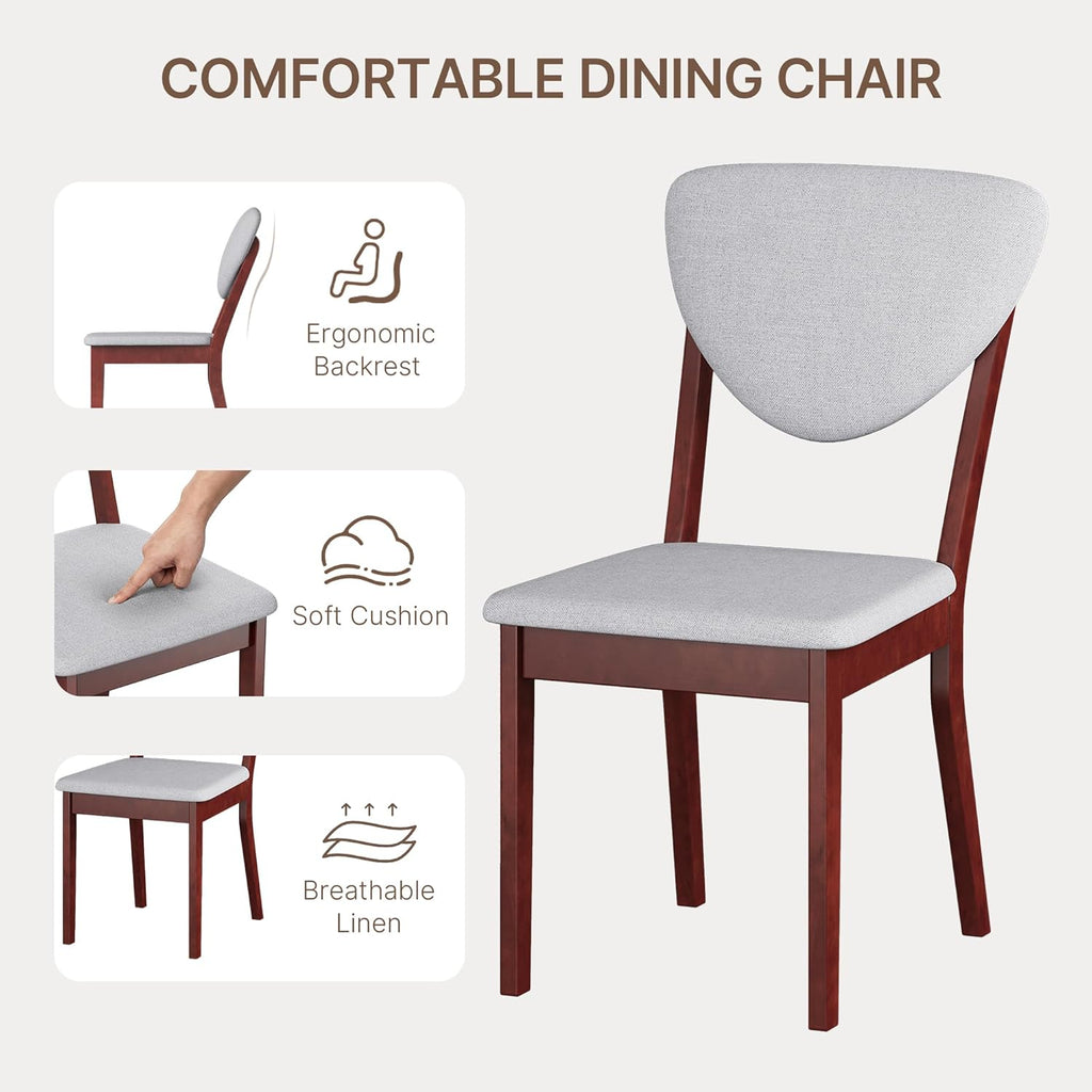 Ahomly 6-Piece Dining Table Set for 6, Solid Rubberwood Table with Bench & 4 Upholstered Linen Chairs, Rectangular, Dark Cherry Finish (Grey Cushions)