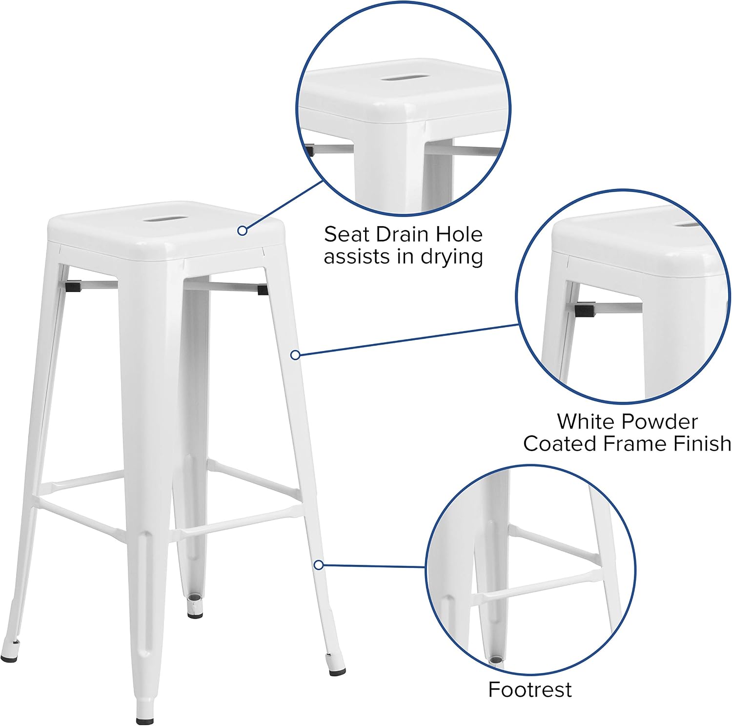 EMMA + OLIVER Commercial Grade 30" H Backless White Metal Indoor-Outdoor Barstool, Square