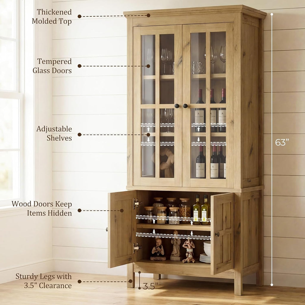 Farmhouse 63" Kitchen Pantry Storage Cabinet with Glass Doors & Hidden Storage, Display Kitchen Hutch Cupboard with Adjustable Shelves for Dining Room, Living Room Home Office