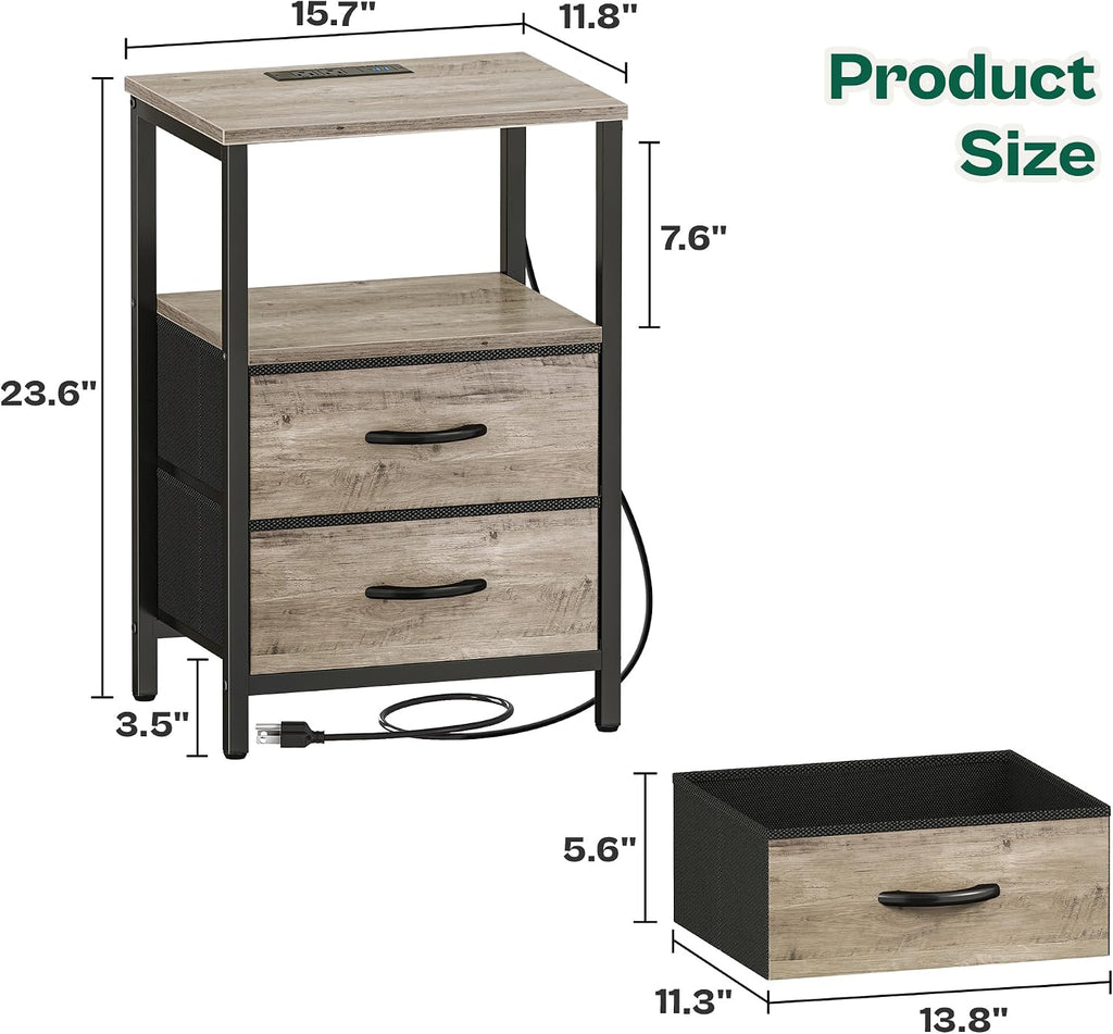 Huuger Night Stand with Charger Station and LED Lights, 2 Drawer Nightstand, Bed Side Table with Open Shelf, End Table, Fabric Drawers for Bedroom, Oak