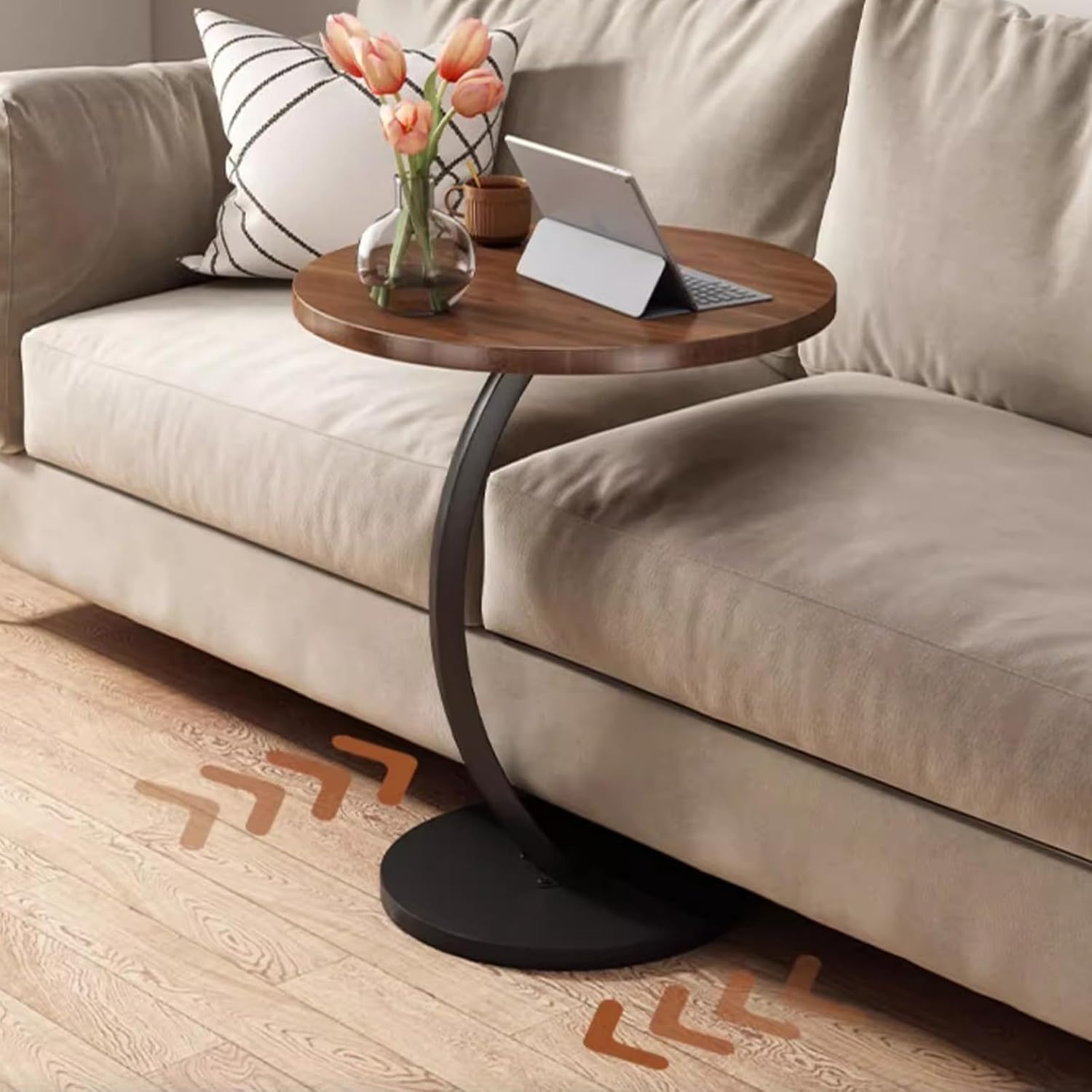 C Shaped Side Tables for Small Spaces Under Sofa End Table for Couch Wood Tabletop & Metal Legs, Small Round Coffee Tables for Living Room, Bedroom, Balconies, Tea Rooms, Offices, And Dormitories