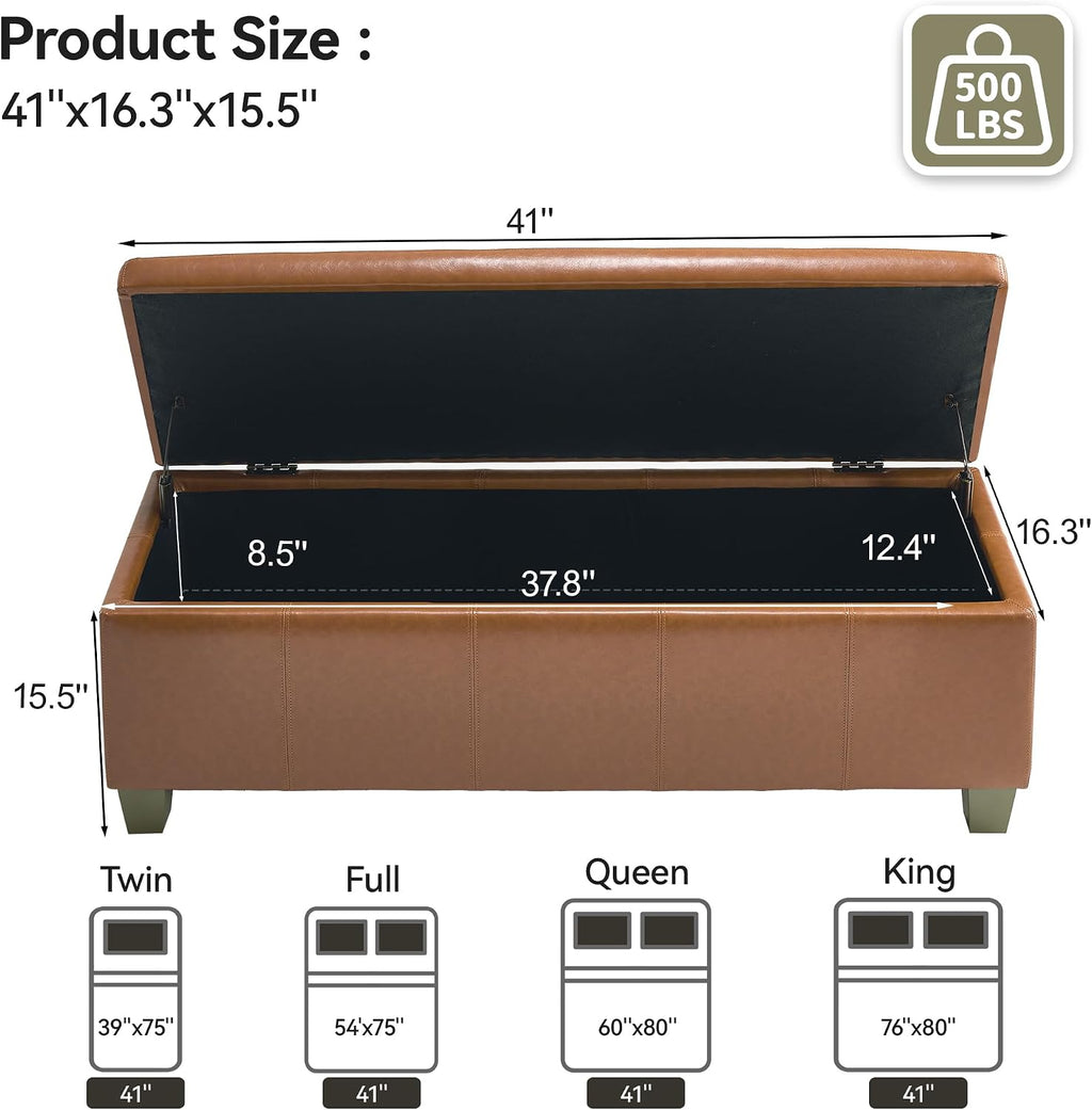 WUTUTUEE 41" Faux Leather Storage Ottoman, Stitch Tufted Rectangle Upholstered End of Bed Storage Bench, Entryway Large Couch Ottoman with Wooden Legs, Light Brown