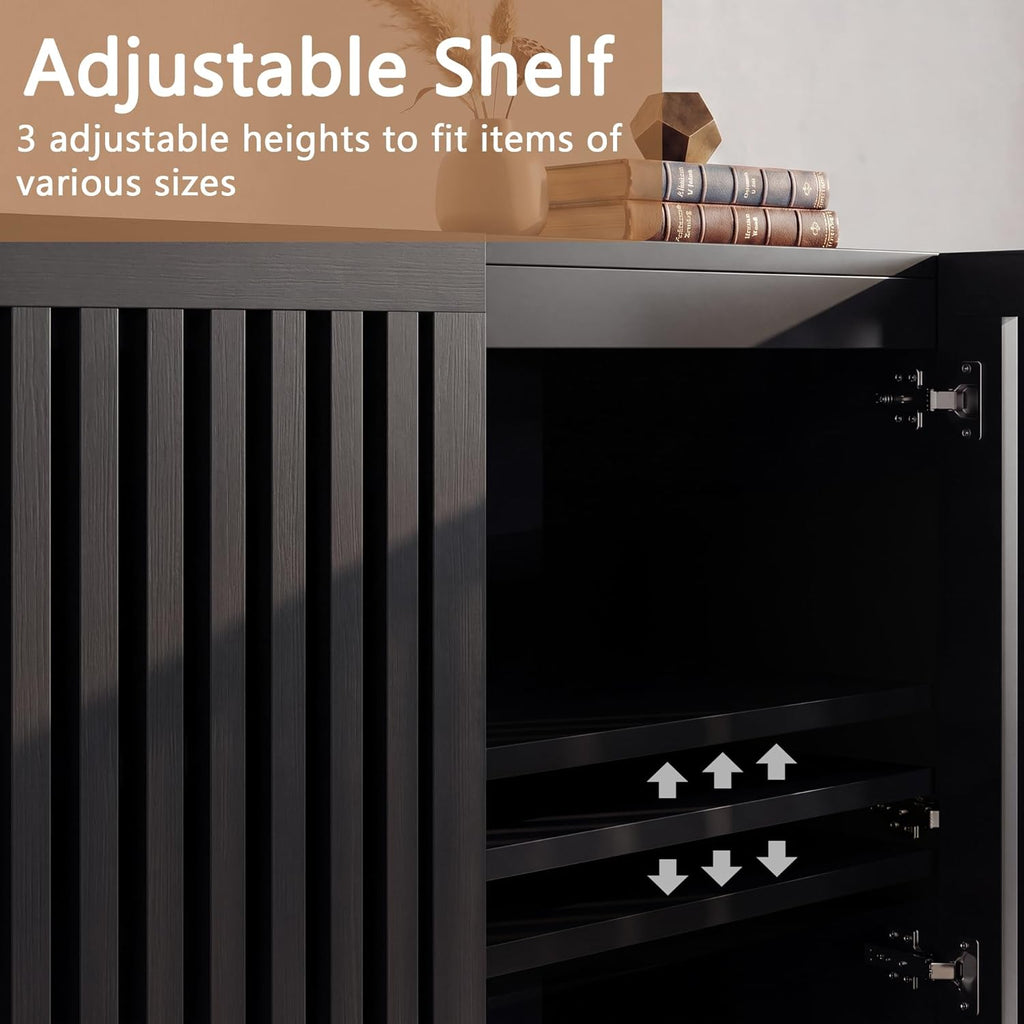 CHUWELL 31.5" Farmhouse Buffet Cabinet with Storage, Modern Black Sideboard Coffee Bar Cabinet with Grille-Striped Doors & Adjustable Shelf, Accent Storage Cabinet with Solid Wood Feet for Dining Room