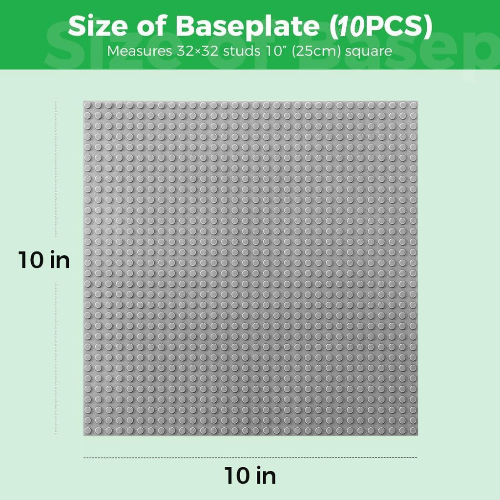 Classic Baseplates Building Plates-10" x 10" Building Boards,100% Compatible with All Major Brands and Activity Table, Creative Platforms Mats for Toy Bricks (Gray-10, 10 Pack)