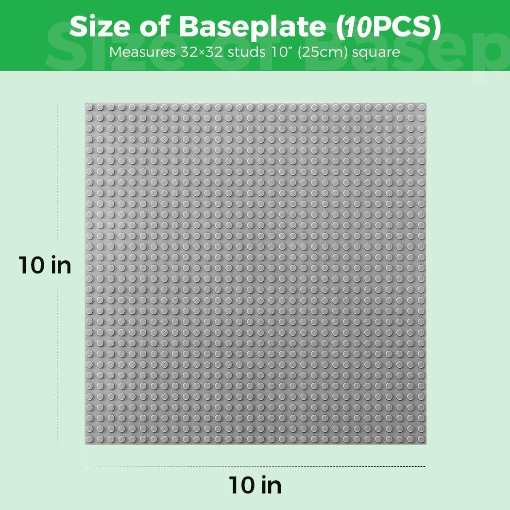 Classic Baseplates Building Plates-10" x 10" Building Boards,100% Compatible with All Major Brands and Activity Table, Creative Platforms Mats for Toy Bricks (Gray-10, 10 Pack)