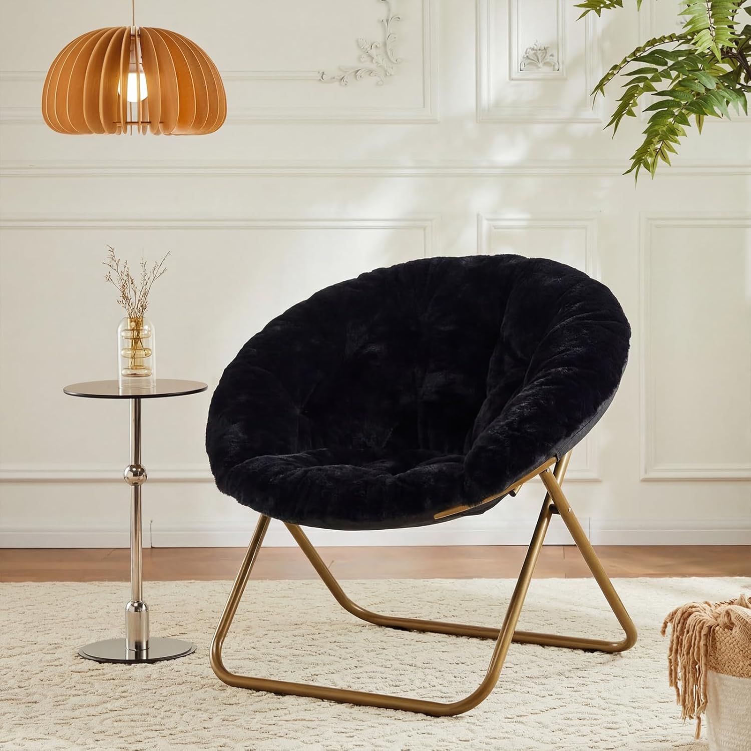 DUMOS Saucer Chair, Cozy Faux Fur Folding Chair with Sturdy Metal Frame, Oversized Soft Plush Round Lounge for Bedroom Living Room Dorm, Anti-Slip Portable Moon Seat, Black