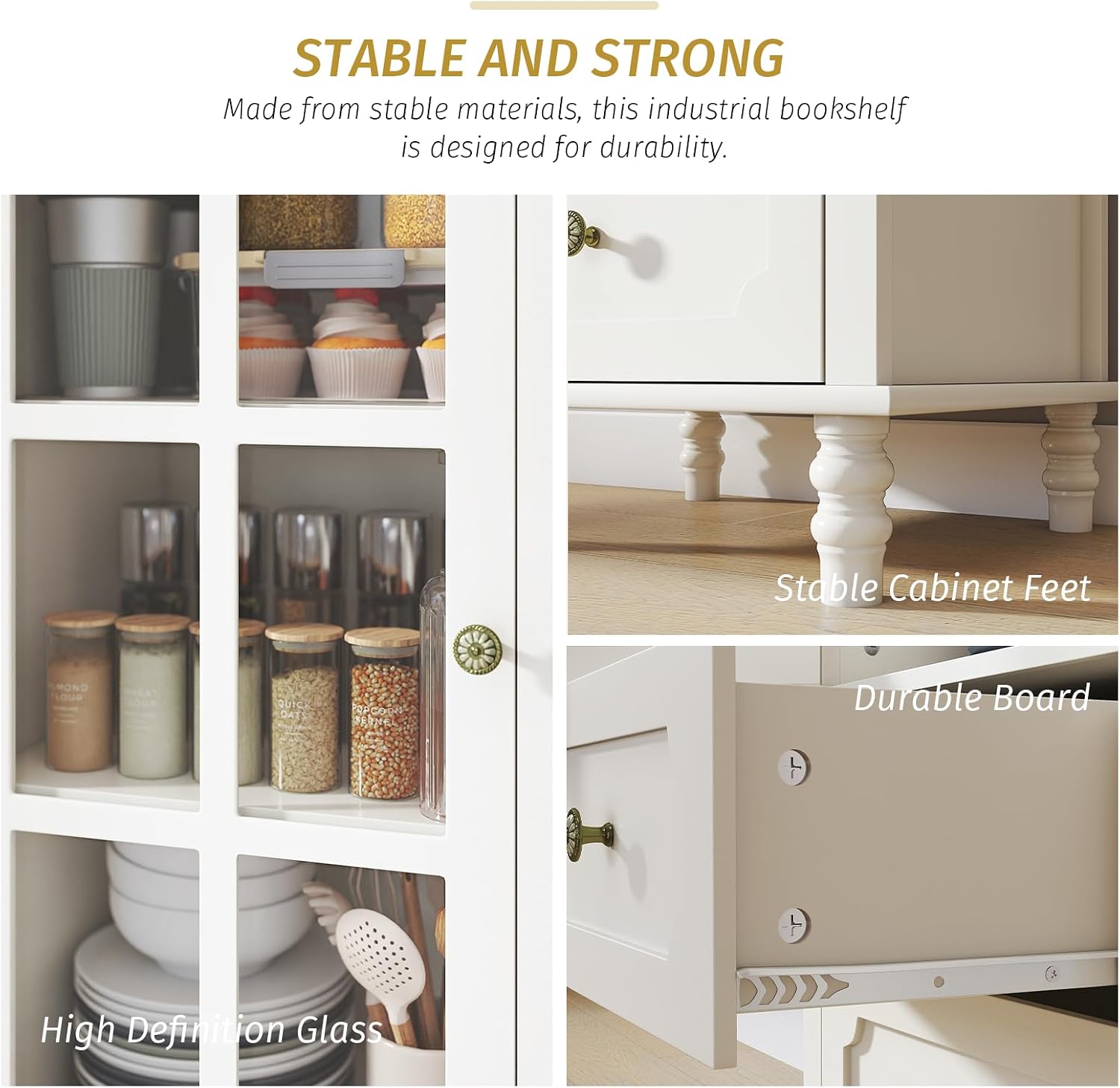 Tall Narrow Sideboard Buffet Cabinet with Storage, 52" Kitchen Pantry Storage Cabinet with 2 Glass Doors and 2 Drawer, Coffee Bar Unit Display Hutch (Creamy White)