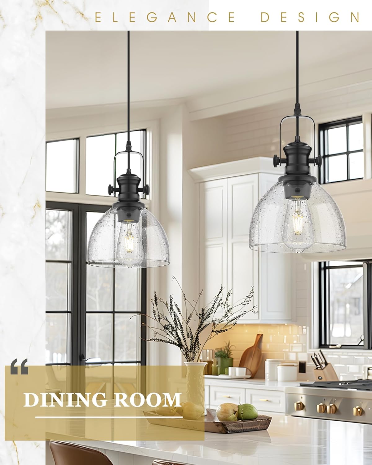 2 Pack Pendant Lights Kitchen Island, 7.5" Black Pendant Lighting with Clear Seeded Glass Shade, Farmhouse Hanging Light Fixtures for Dining Room, AD-22151-1P2-BK