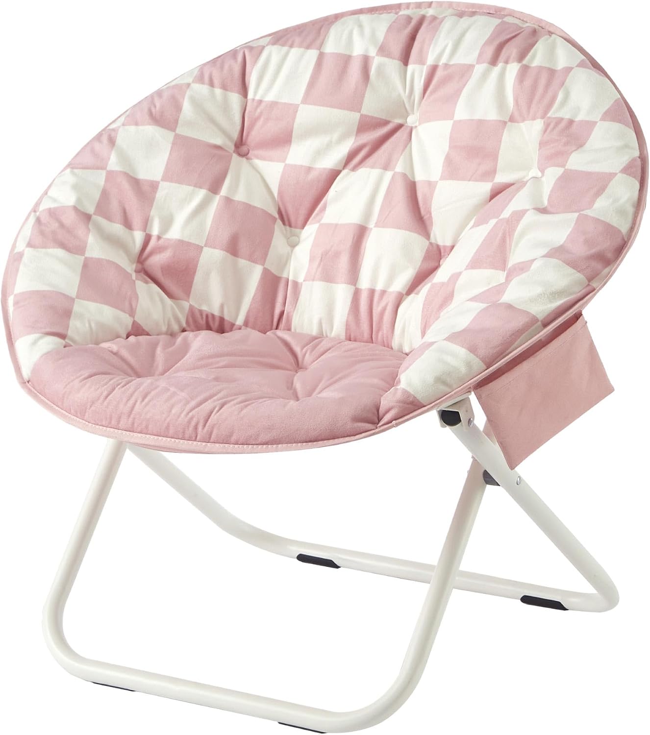 Urban Lifestyle Printed Back Micromink Saucer™ Chair with White Legs and Side Storage Pocket, Pink and White Check