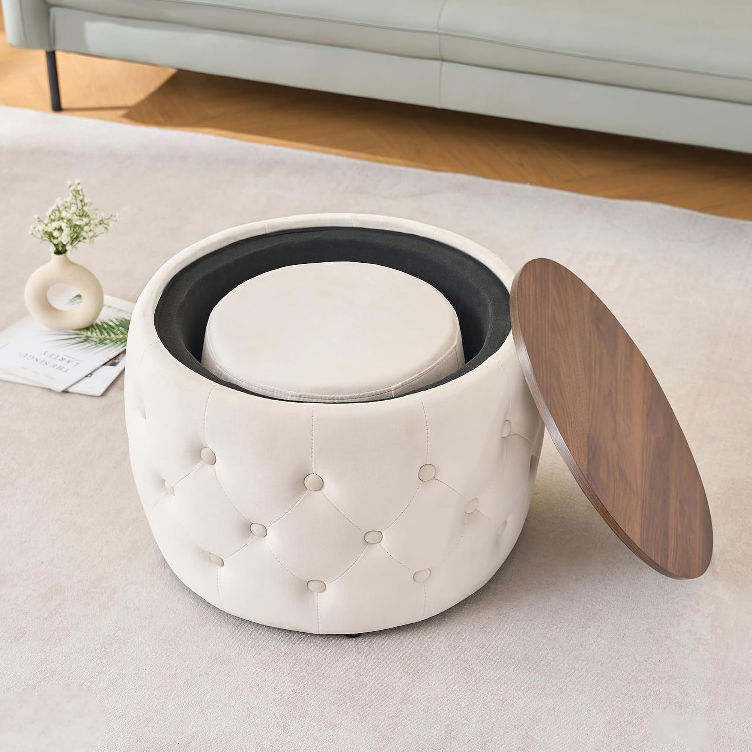 Furniliving Storage Ottoman Set of 2, Luxurious Velvet Round Ottoman with Wood Tray, Aesthetic Coffee Table with Foot Stool for Living Room, Beige