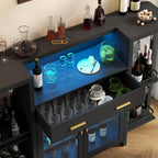 Loomie Bar Table Cabinet with LED Lights & Drawer, 8-Tier Wine Bar Cabinet with Wine Rack & Stemware Holder, Home Bar Unit Liquor Cabinets with Glass Door, Crescent Shaped Counter for Home Pub (Black)