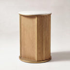 Round Fluted End Table with Storage, Natural Wood Side Table with White Sintered Stone Top, Sliding Tambour Door Nightstand, 17.4 Inch Small Accent Stand for Living Room Bedroom