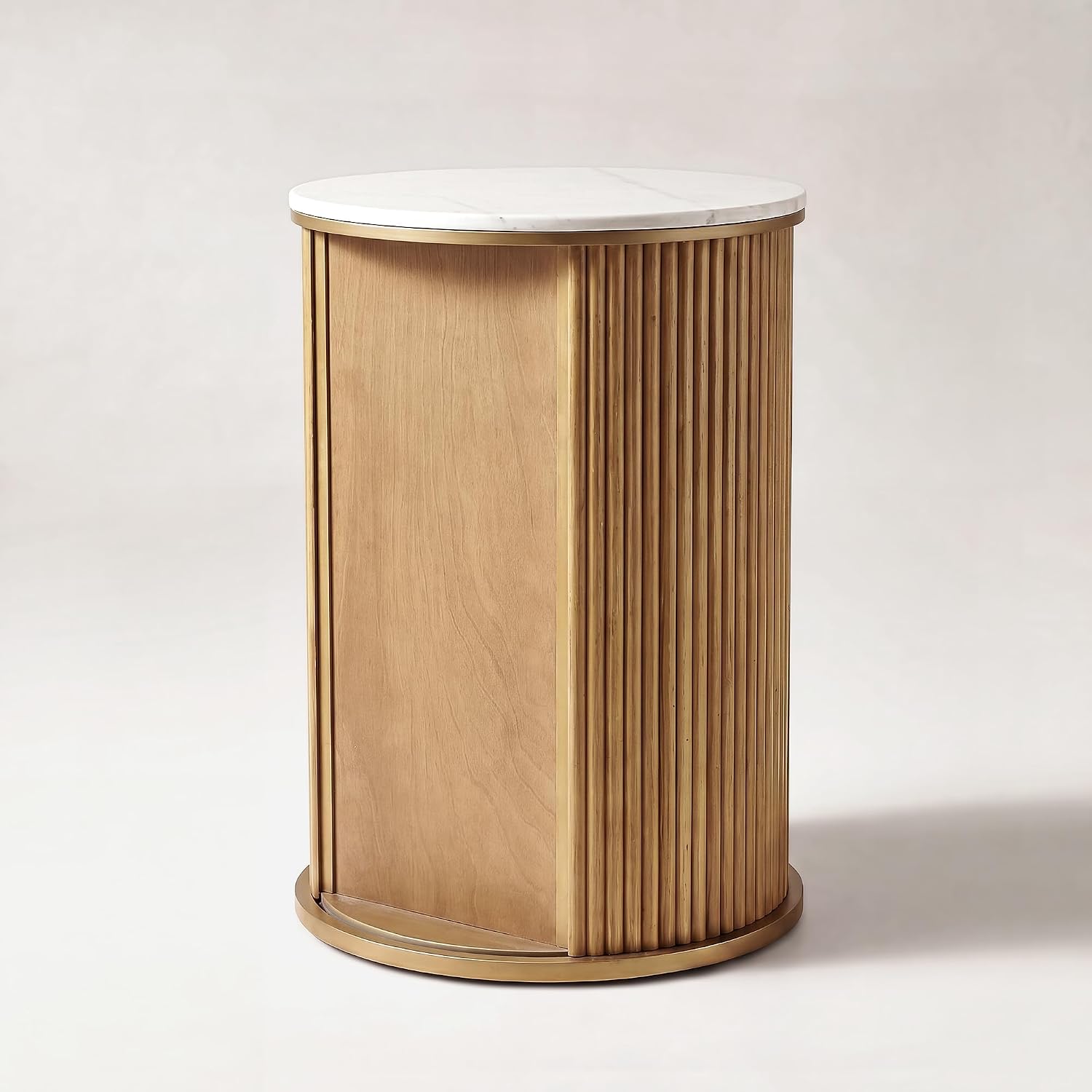 Round Fluted End Table with Storage, Natural Wood Side Table with White Sintered Stone Top, Sliding Tambour Door Nightstand, 17.4 Inch Small Accent Stand for Living Room Bedroom
