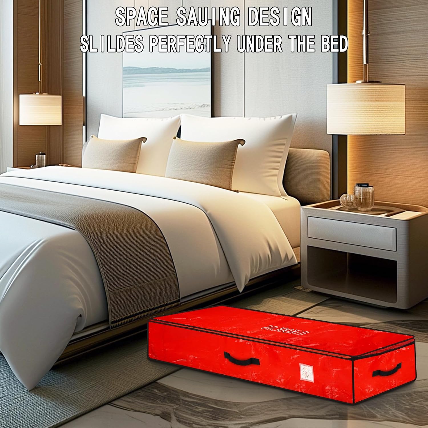 HikooLSS Wrapping Paper Organizer Storage Container for Christmas Holiday Gift Wrap Storage 43.2" Durable PE Underbed Storage Container with Interior Pockets Fits 24 Paper Rolls (Red)