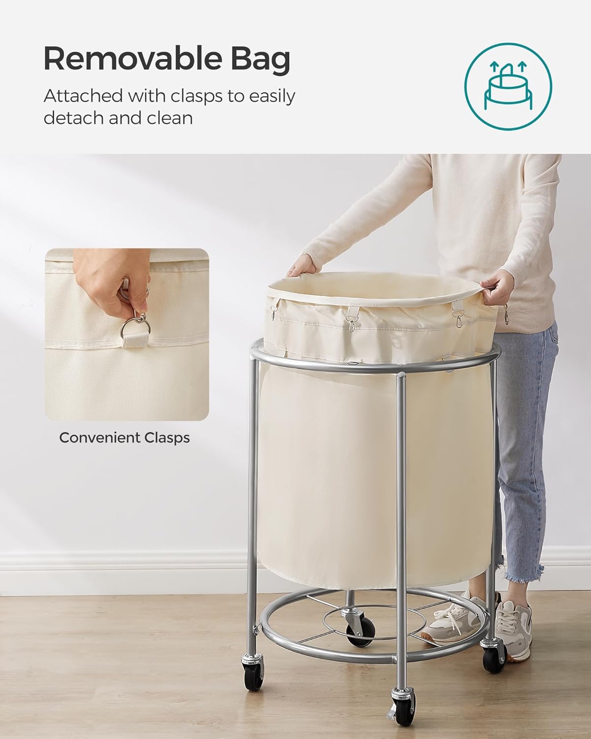SONGMICS 50.2-Gallon (190 L) Laundry Basket with Wheels, Rolling Round Heavy-Duty Laundry Hamper Cart with Steel Frame and Removable Bag, 2 Locking, White and Metallic Silver, URLS01MZ
