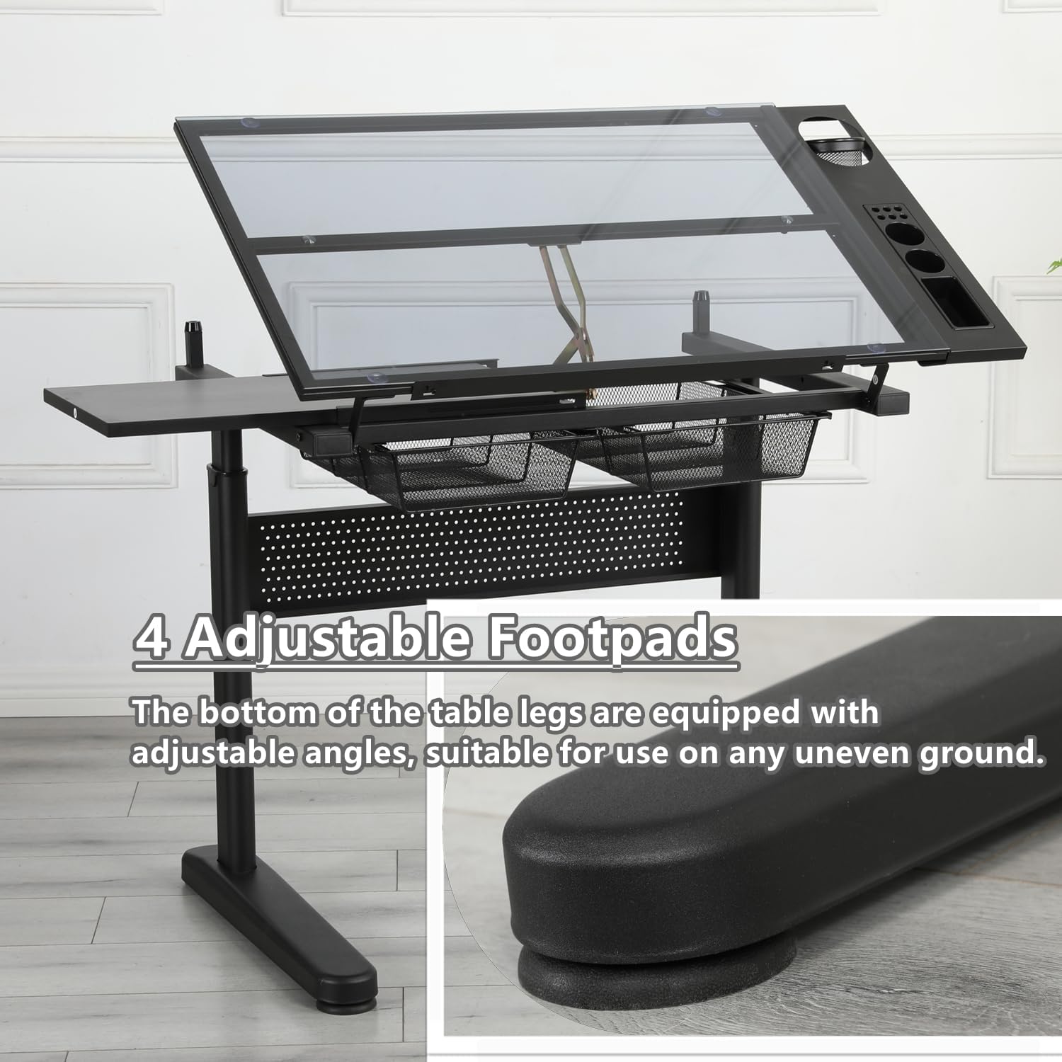 Drafting Desk with Stool, Upgraded Hand Crank Adjustable Height Art Table with Storage, 0-75° Tilting Glass Tabletop Drawing Table for Artists, Ergonomic Design for Painting, Sketching, Black