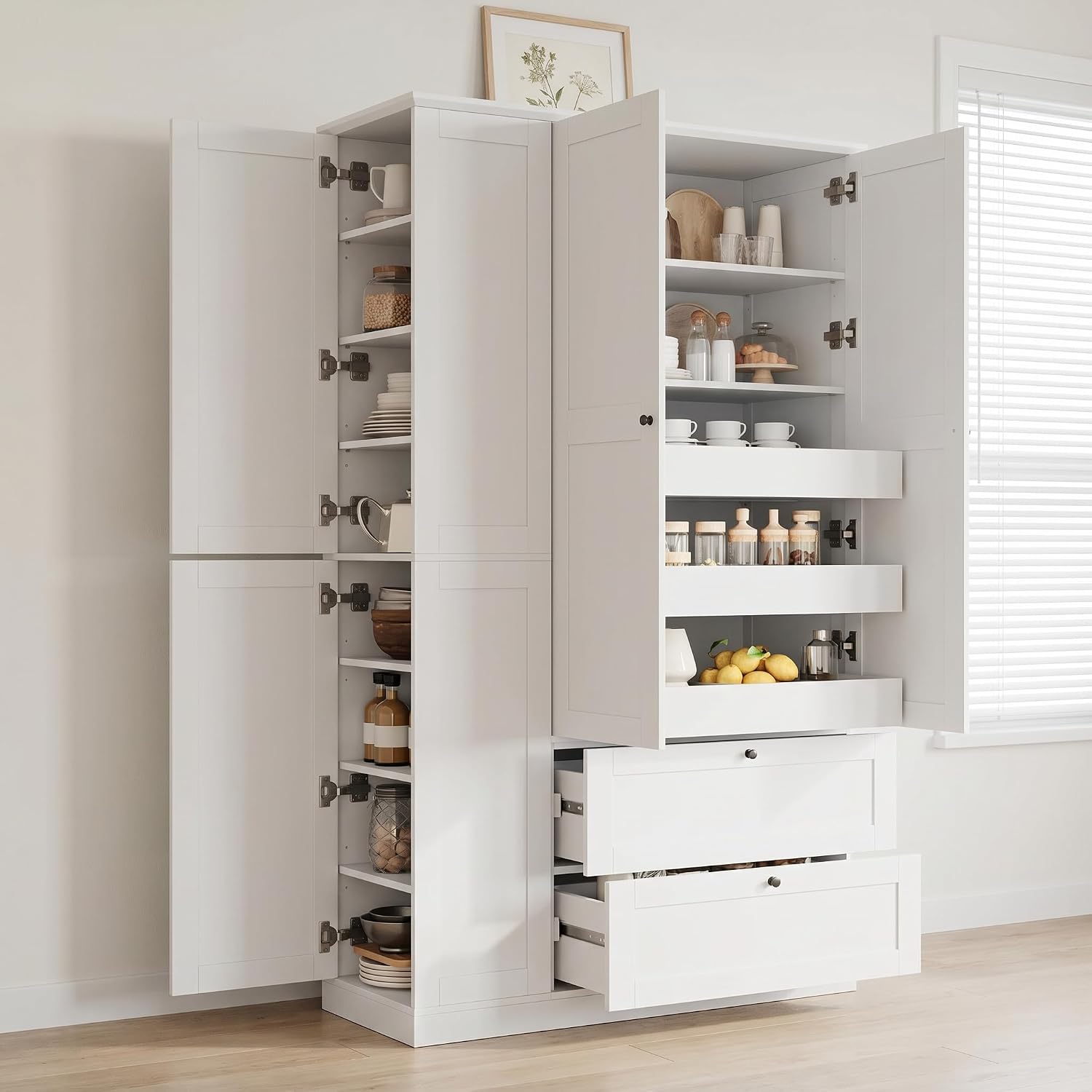 RUNNA 73.6" Tall Farmhouse Kitchen Pantry,Freestanding Large Capacity Storage Organizer with Customizable Shelves & Anti-Tip Safety - Perfect for Living Room & Home (White1)
