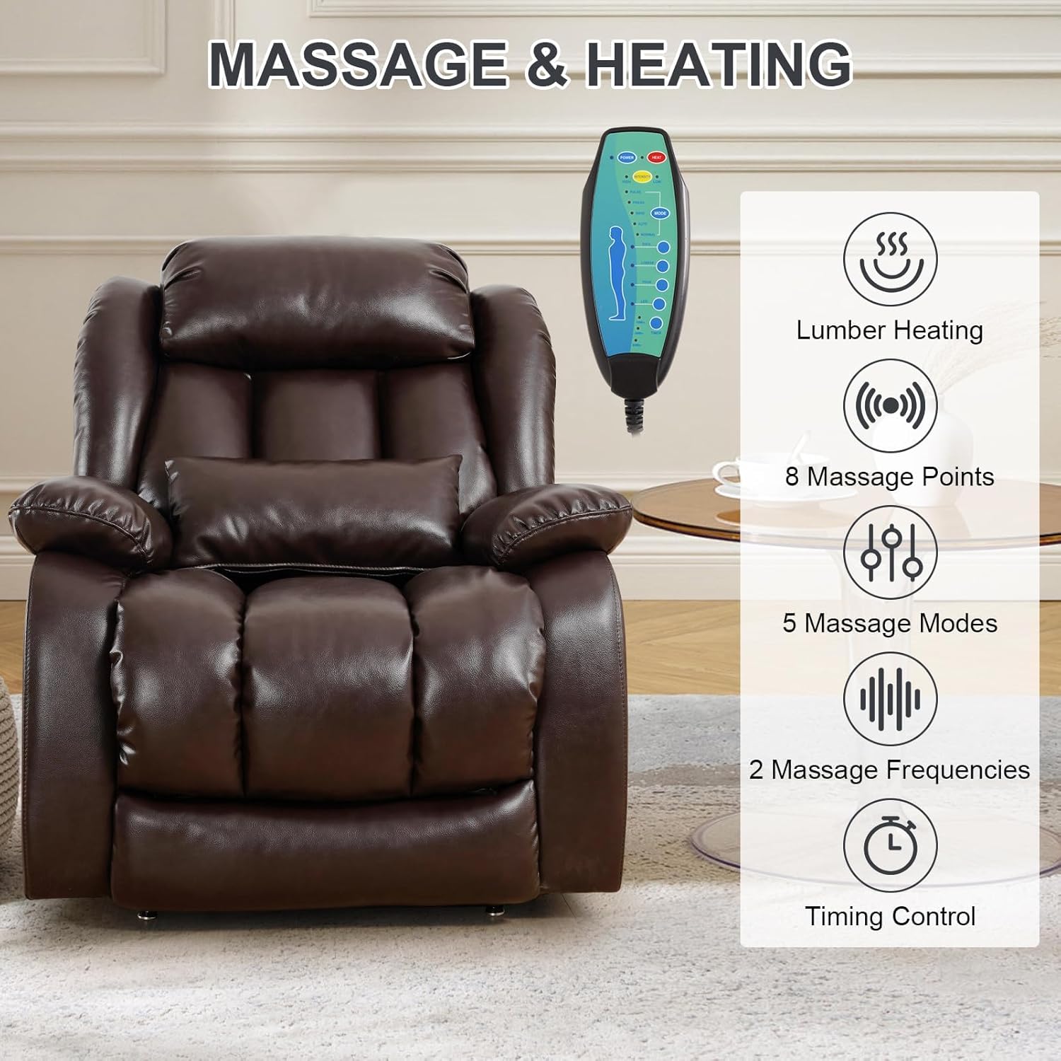 EDILLY XL Large Genuine Leather Lift Chair Recliner for Elderly, Dual Motor with Massage and Heating,with Double Lumbar Cushion and Extended Footrest,USB Port and Remote,Seat Width 26"(Brown)