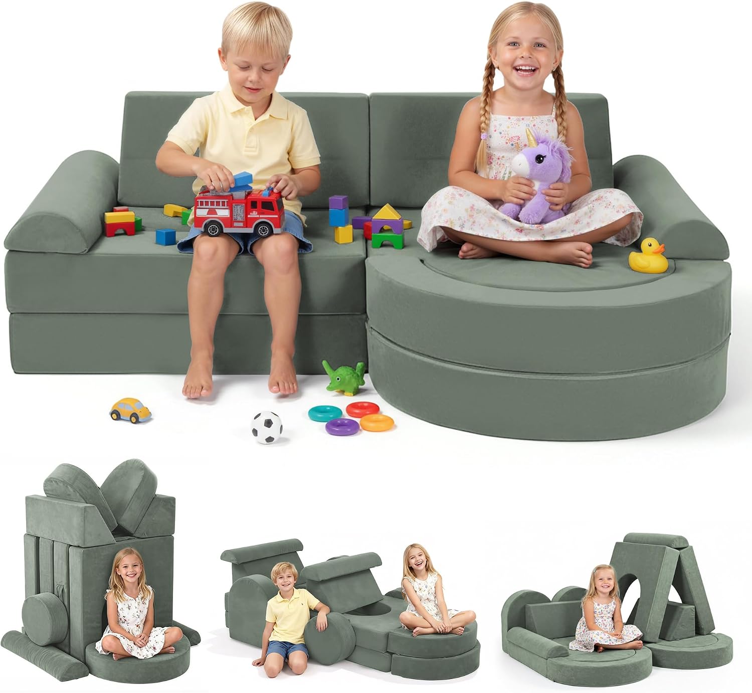 Fvkind Modular Kids Play Couch 16pcs, Toddler Couch for Playroom, Bedroom, Toddler Modular Play Sofa, Kids Sofa Building Fort with Convertible Foam Cushion for Boys and Girls, Green