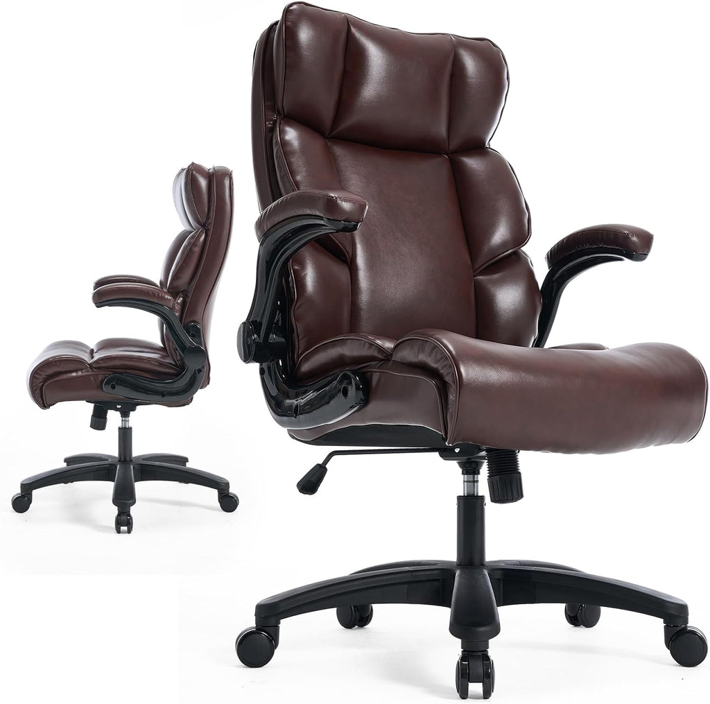 ESTRUCO Big and Tall Office Chair 500lbs Wide Seat Executive Office Desk Chair High Back Computer Gaming Chair,Flip-Up Armrest,Lumbar Support Computer Chair for Heavy People(Brown,Classical)