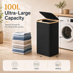 Foluck Large Laundry Hamper, 100L Waterproof Laundry Basket with Lid and Removable Bag, Collapsible Tall Clothes Hamper with Bamboo Handles for Clothes Toys in Dorm Bedroom Bathroom, Black