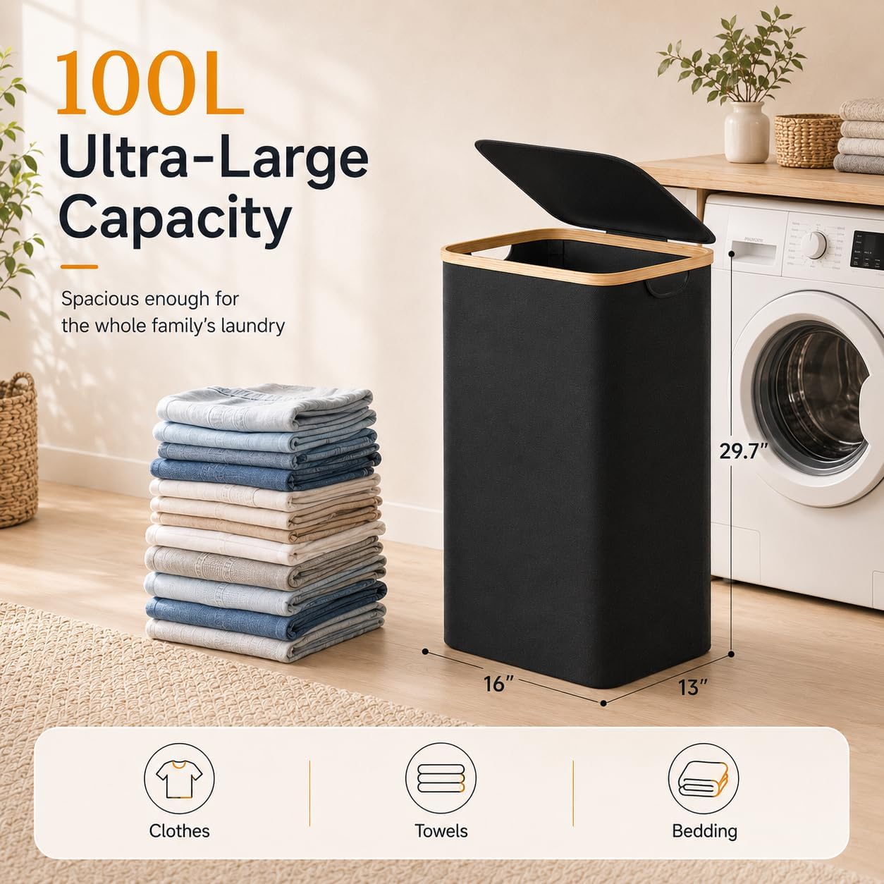 Foluck Large Laundry Hamper, 100L Waterproof Laundry Basket with Lid and Removable Bag, Collapsible Tall Clothes Hamper with Bamboo Handles for Clothes Toys in Dorm Bedroom Bathroom, Black