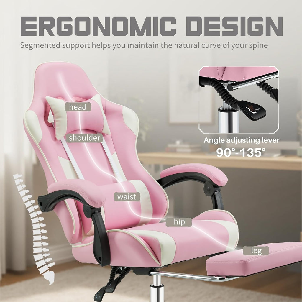 DUMOS Ergonomic Gaming Office Desk Chair with Footrest and Headrest for Adults, PU Leather Video Computer Chair with Linkage Armrests, Height Adjustable 360° Swivel Recling, White Pink
