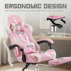 DUMOS Ergonomic Gaming Office Desk Chair with Footrest and Headrest for Adults, PU Leather Video Computer Chair with Linkage Armrests, Height Adjustable 360° Swivel Recling, White Pink