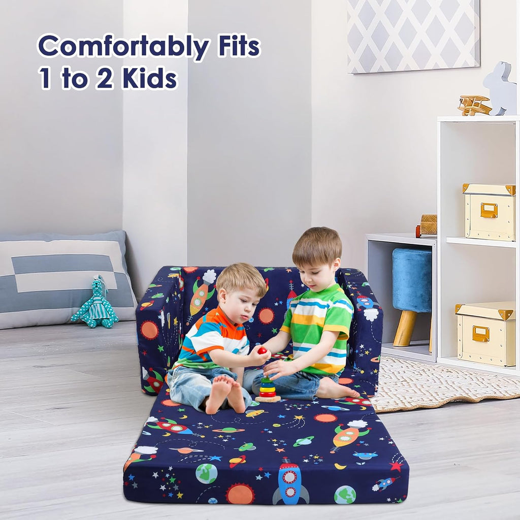 decalsweet Kids Couch Convertible Sofa to Lounger for Toddler Boy, Foldable 2-in-1 Kids Sofa Bed, Toddler Chairs Comfy for Bedroom Playroom, Blue Rocket