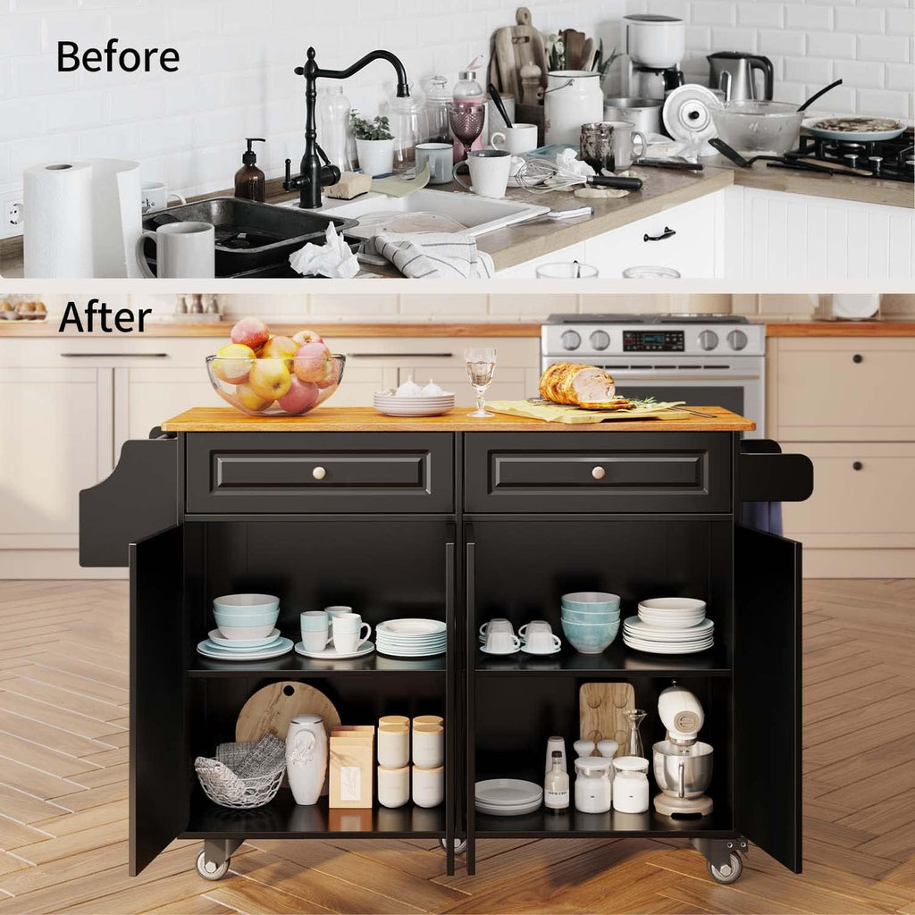 Aiho Kitchen Island Cart with Folding Drop Leaf, 52" Width Mobile Carts with Storage Cabinet, Rolling Kitchen Table with Spice Rack, Towel Rack, and Drawer, Black