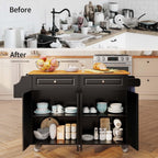 Aiho Kitchen Island Cart with Folding Drop Leaf, 52" Width Mobile Carts with Storage Cabinet, Rolling Kitchen Table with Spice Rack, Towel Rack, and Drawer, Black