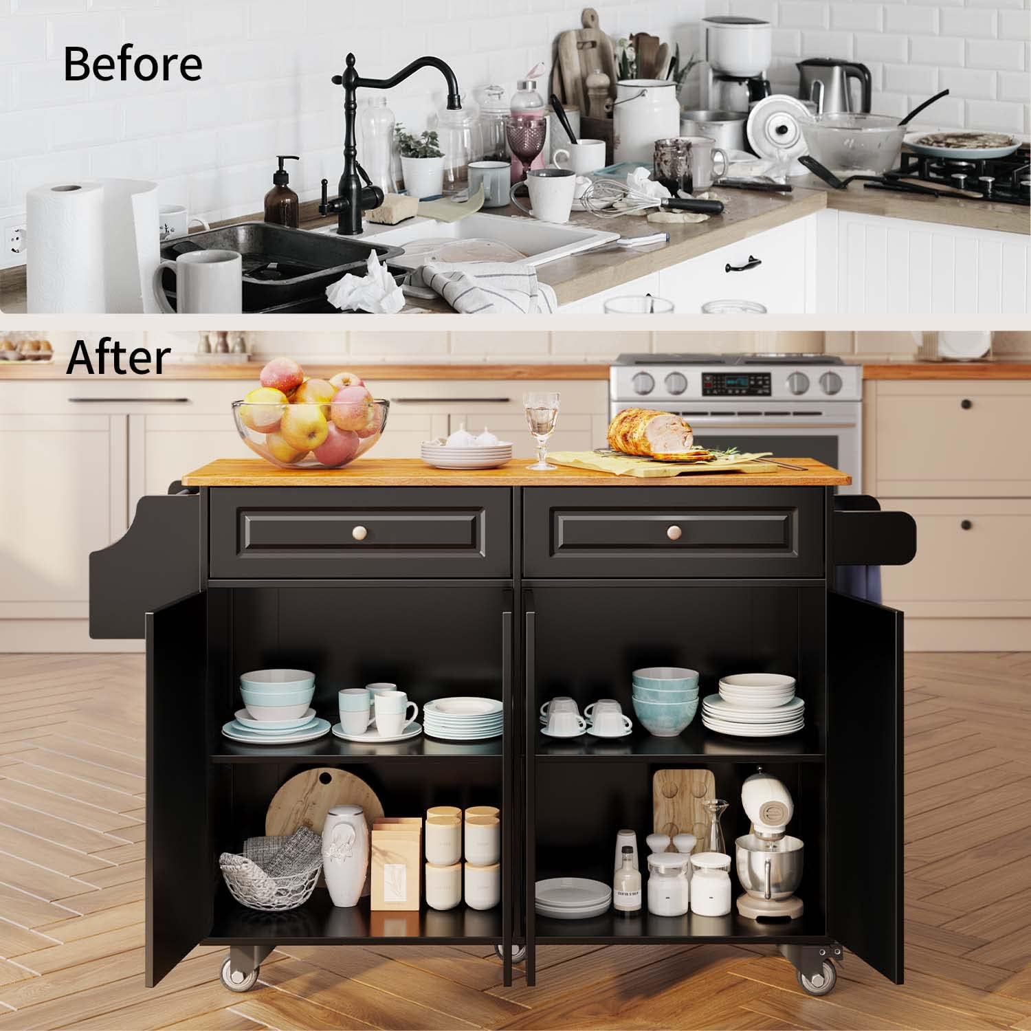 Aiho Kitchen Island Cart with Folding Drop Leaf, 52" Width Mobile Carts with Storage Cabinet, Rolling Kitchen Table with Spice Rack, Towel Rack, and Drawer, Black