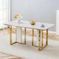 63" Dining Table,White Gloss Kitchen Table,1.8" Thick MDF Board Table Top Coated by Faux Marble Pattern with Chrome Plate Gold Base,Modern Dining Table for 6-8 People