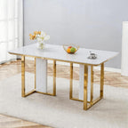 63" Dining Table,White Gloss Kitchen Table,1.8" Thick MDF Board Table Top Coated by Faux Marble Pattern with Chrome Plate Gold Base,Modern Dining Table for 6-8 People