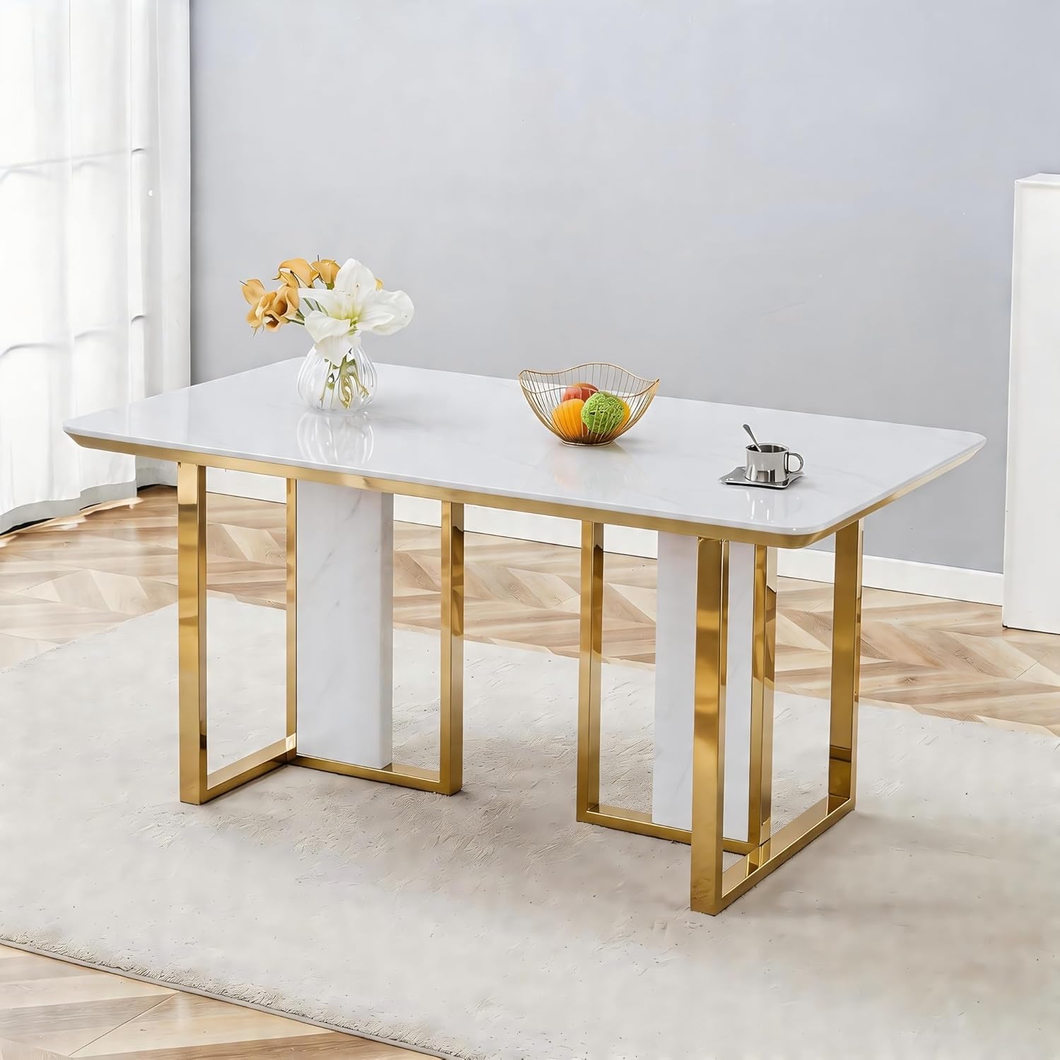 63" Dining Table,White Gloss Kitchen Table,1.8" Thick MDF Board Table Top Coated by Faux Marble Pattern with Chrome Plate Gold Base,Modern Dining Table for 6-8 People