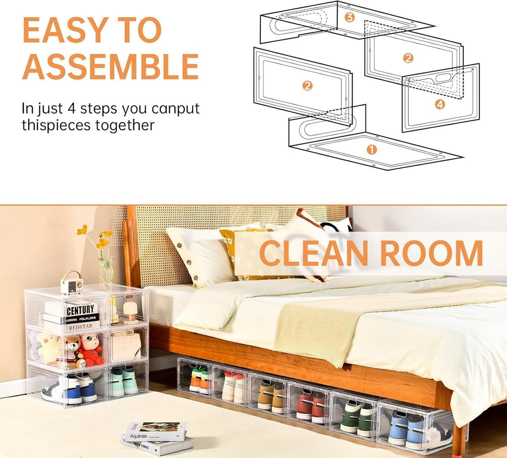 INSTY 12 Pack Large Shoe Storage Box, Clear Shoe Storage Organizer with Magnetic Door, Stackable,Shoe Containers For Display Sneakers, Easy Assembly, Fit up to US Size 12, Clear