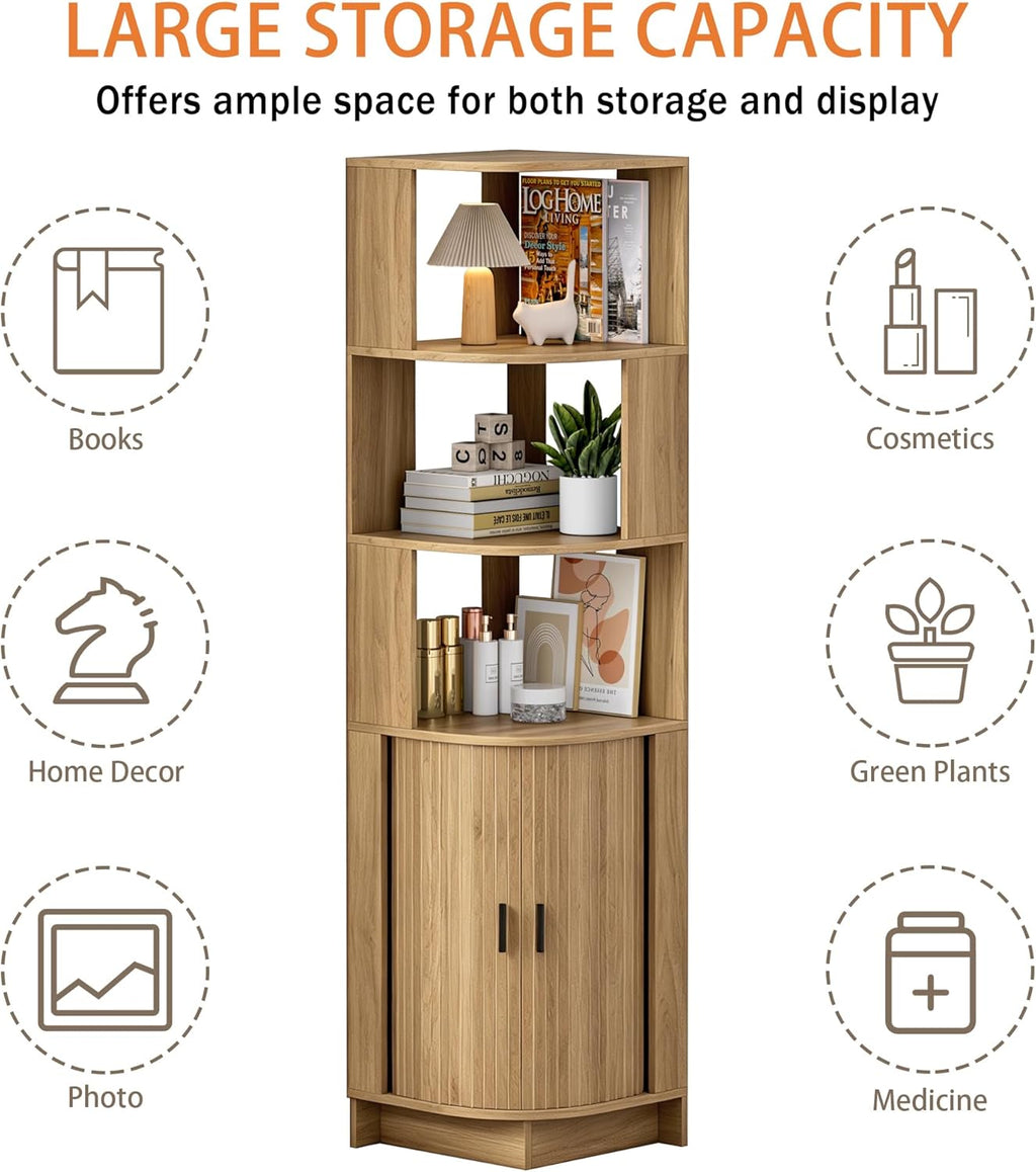 Corner Shelf, 5-Tier Corner Storage Cabinet with Fluted Doors, 64.6" Corner Shelves Bookshelf Stand Display Rack for Bedroom, Living Room, Kitchen, Home Office, Oak