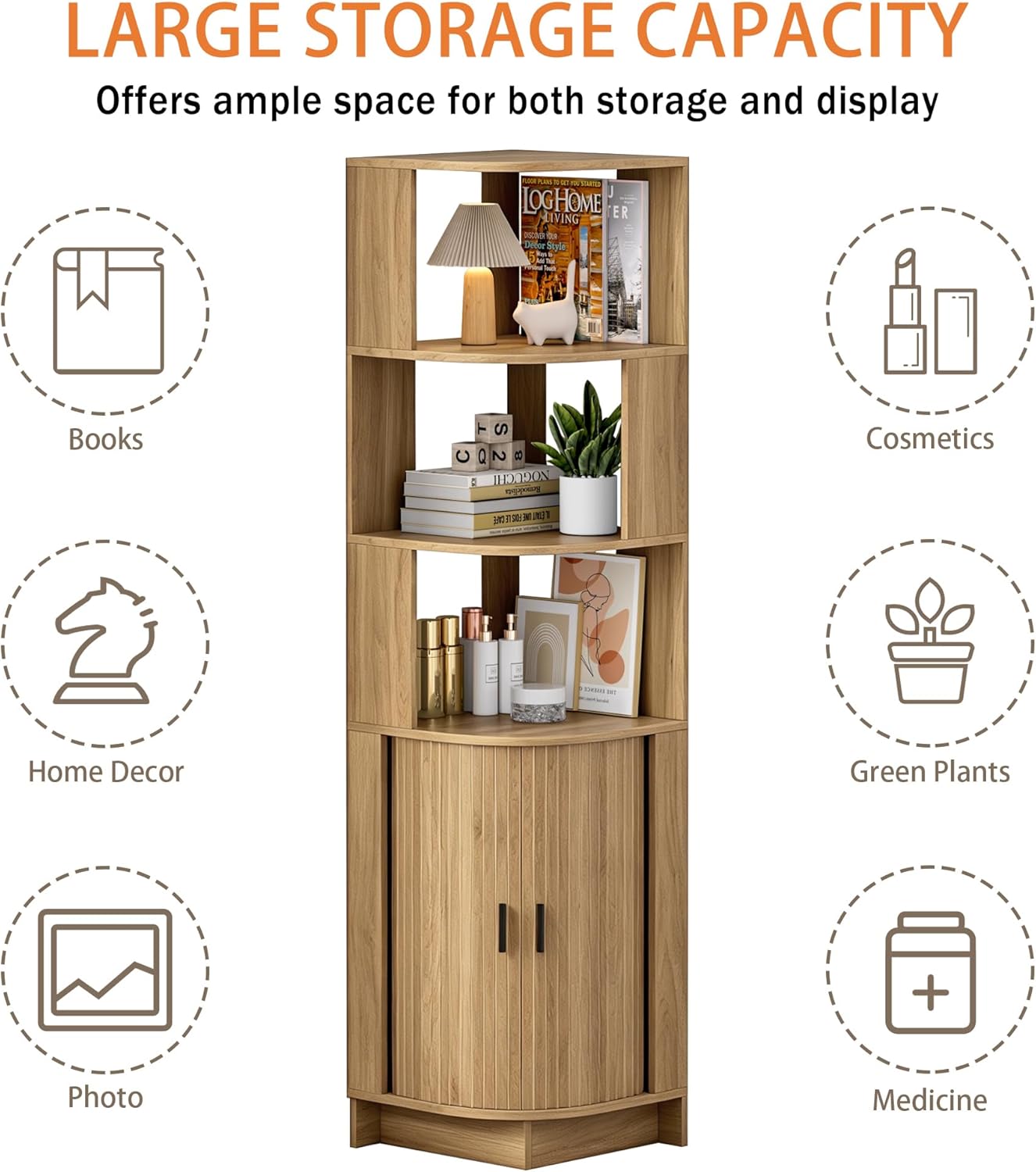 Corner Shelf, 5-Tier Corner Storage Cabinet with Fluted Doors, 64.6" Corner Shelves Bookshelf Stand Display Rack for Bedroom, Living Room, Kitchen, Home Office, Oak