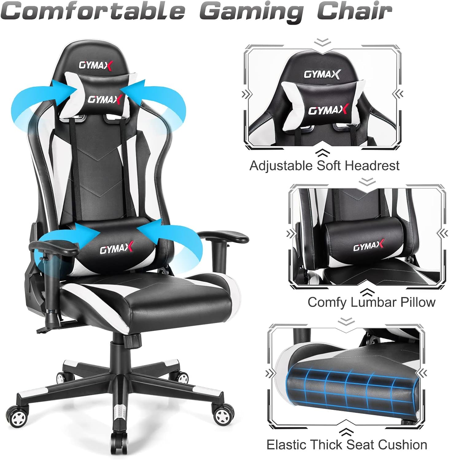 GYMAX Computer Gaming Chair, Racing Style Office Chair with Adjustable Lumbar Support Headrest, 360° Swivel, Height Adjustable Ergonomic Reclining Gaming Chair for Home Office Leisure Room (White)