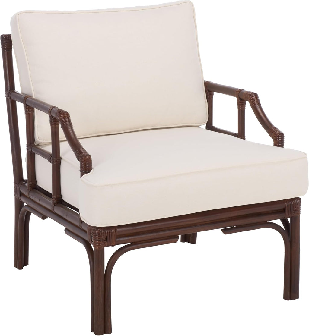 SAFAVIEH Furniture - Kazumi Accent Chair - Coastal Design White Cushion & Chocolate Brown Rattan - Fully Assembled - Ideal for Living Room, Bedroom, Dining Space, 19.7" Seat Height (ACH6508C)