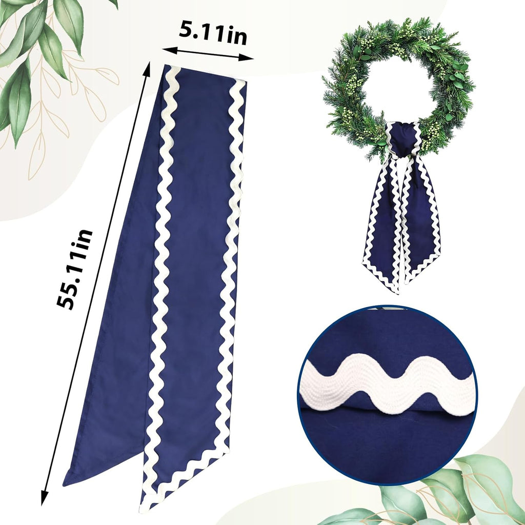 Wreath Sash for Front Door Blue Cotton Wreaths Satin Sash Burlap Garland Ribbon Accessories for Wreath Yard Doorway Indoor Outdoor Bow Bridal Shower Home Decor,5.11 x 55.1