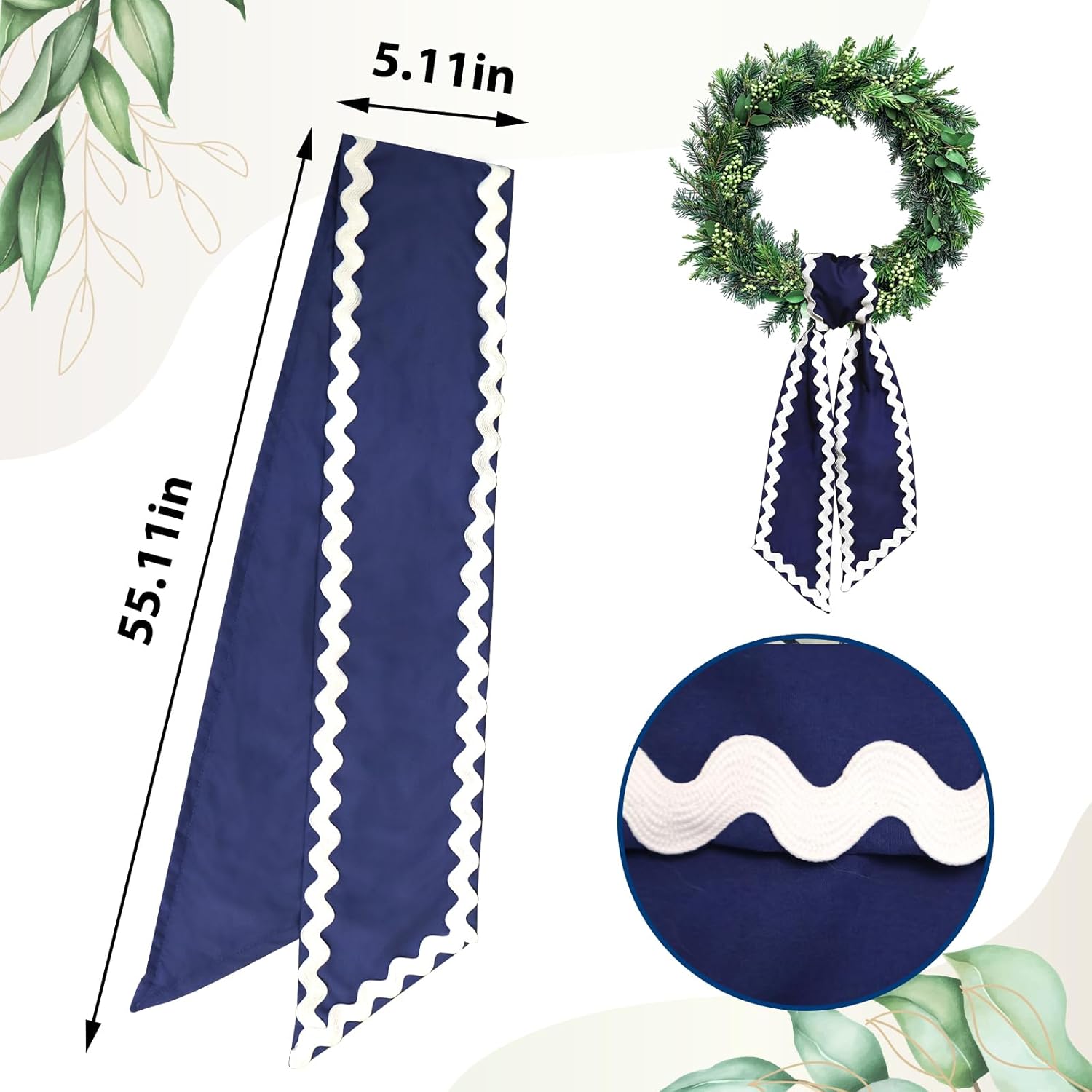 Wreath Sash for Front Door Blue Cotton Wreaths Satin Sash Burlap Garland Ribbon Accessories for Wreath Yard Doorway Indoor Outdoor Bow Bridal Shower Home Decor,5.11 x 55.1