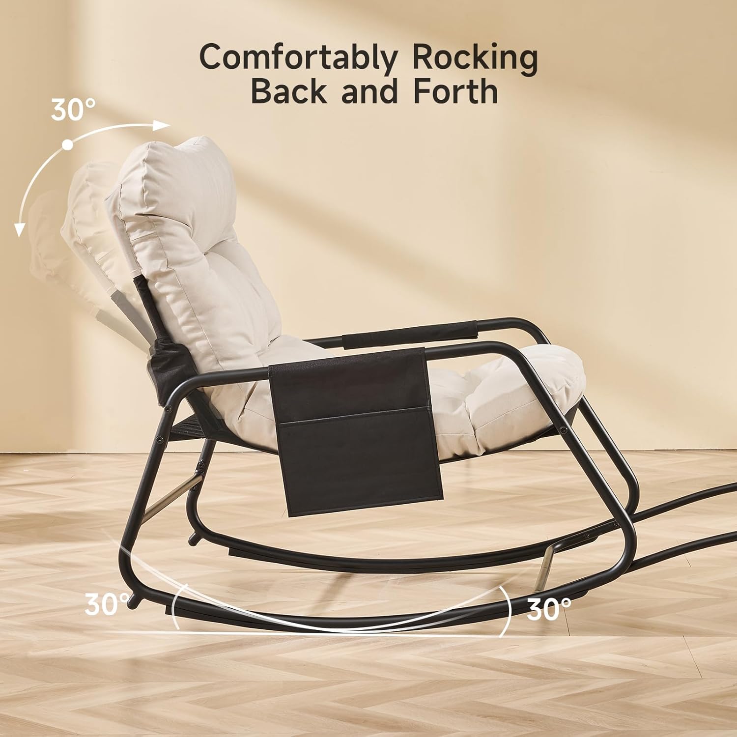 ONBRILL Adjustable Backrest Rocking Chair, Patio Rocking Chair with Cushion, Papasan Chair with Footrest, Indoor & Outdoor Rocker Chair for Living Room, Bedroom, Patio, Garden, Cream White