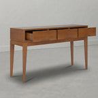 SIMPLIHOME Harper Console Table - 54 Inch Wide Solid Wood Sofa Table in Tawny Brown Teak, Mid-Century Modern Storage Table for Entryway or Living Room with 3 Drawers, Notched Handles, and Tapered Legs