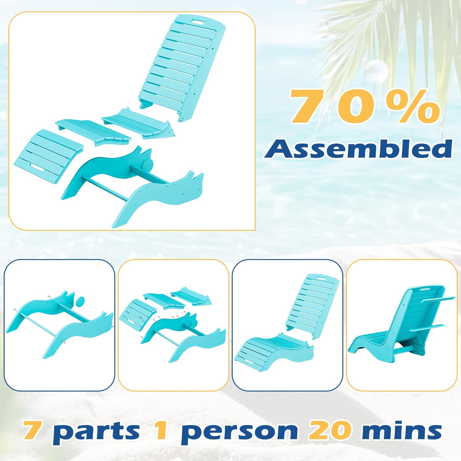 MELLCOM HDPE Pool Lounge Chairs Set of 2, in Pool Lounge Chairs up to 10-Inches of Water, Chaise Lounge Chairs with Wheels, S Shape Patio Lounge Chairs for Pool, Deck, Garden, Beach, Blue