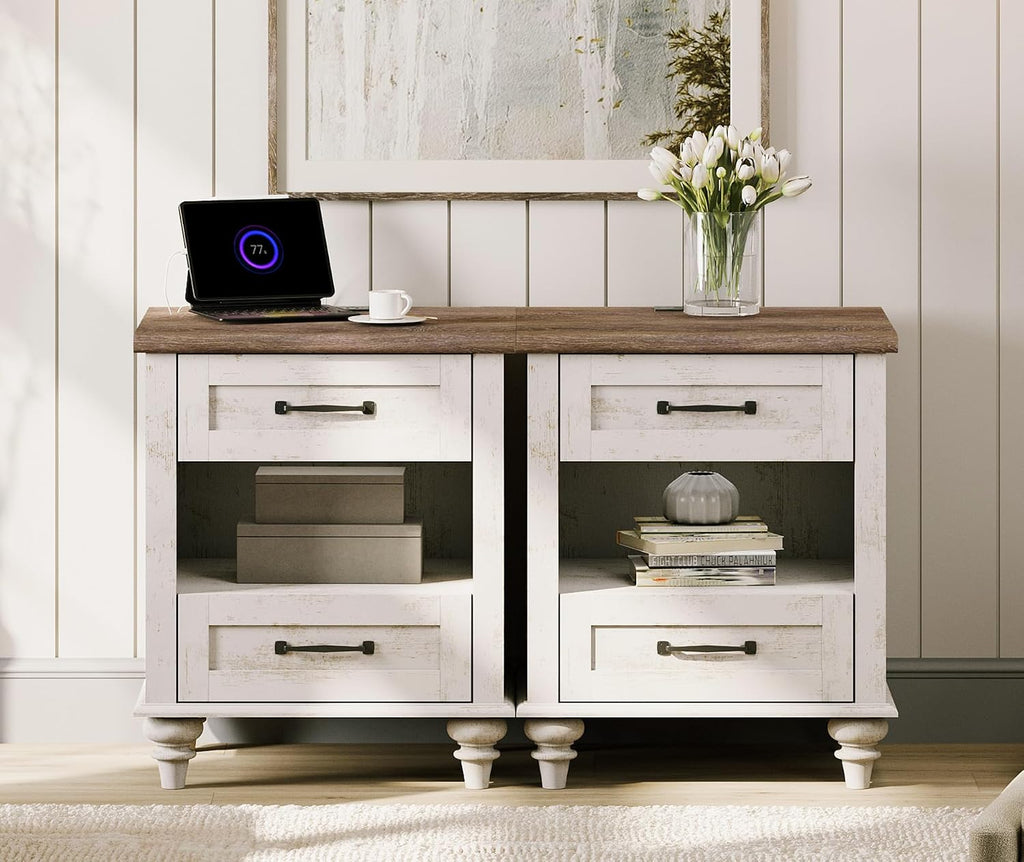 WAMPAT Set of 2 End Tables Nightstands with Charging Station, Sofa Side Tables for Living Room with Drawers & Shelf, Farmhouse Night Stand Wooden Bedside Table for Bedroom, Antique White