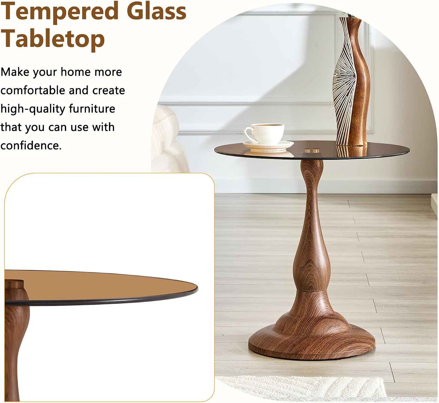 KEIKI Modern Side Table with Tempered Glass Top, Round Metal End Table for Living Room Bedroom Balcony, Small Accent Coffee Table for Sofa Side Bedside, 19.6", Walnut