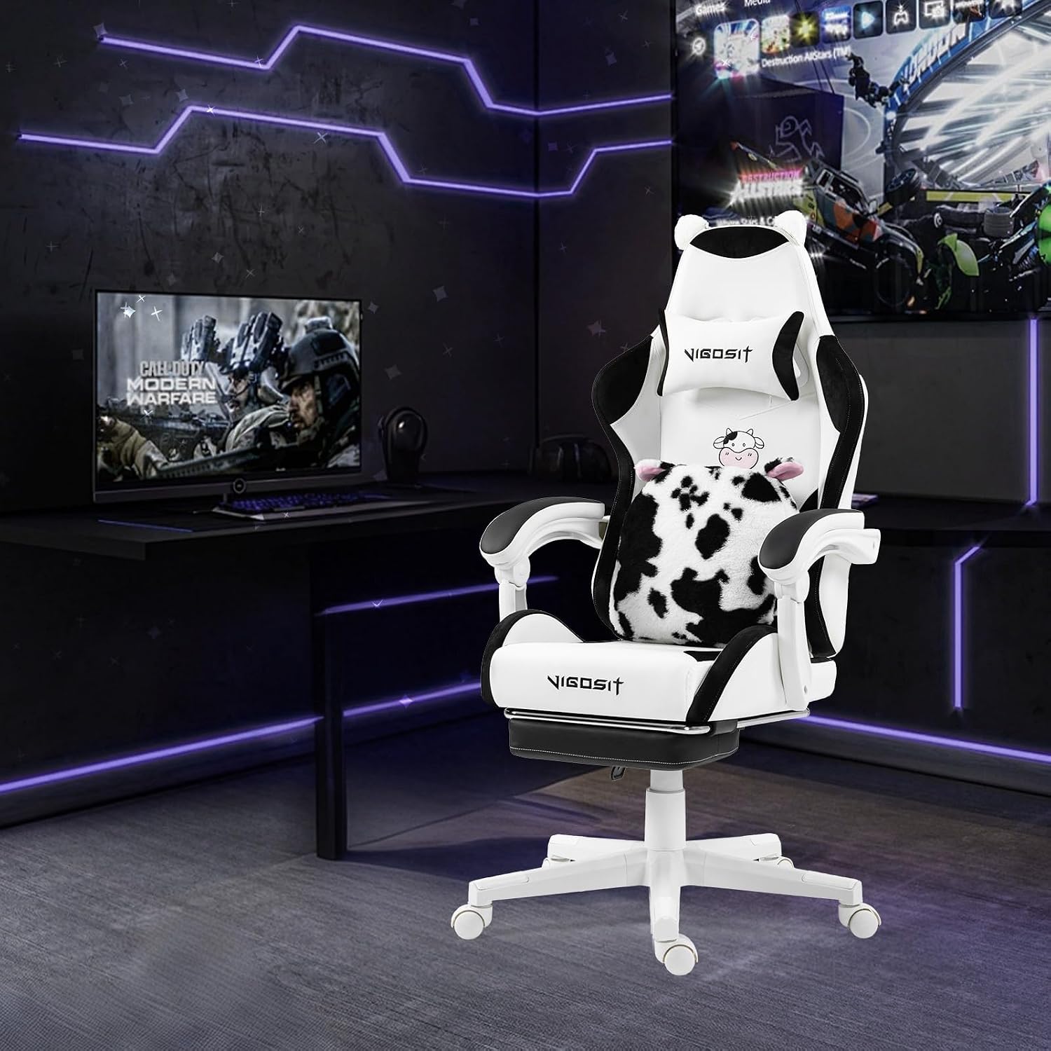 Vigosit Black and White Cow Gaming Chair with Footrest, Ergonomic Cute Gamer Chair for Girls, Comfortable Computer Desk Chair for Adults Teens