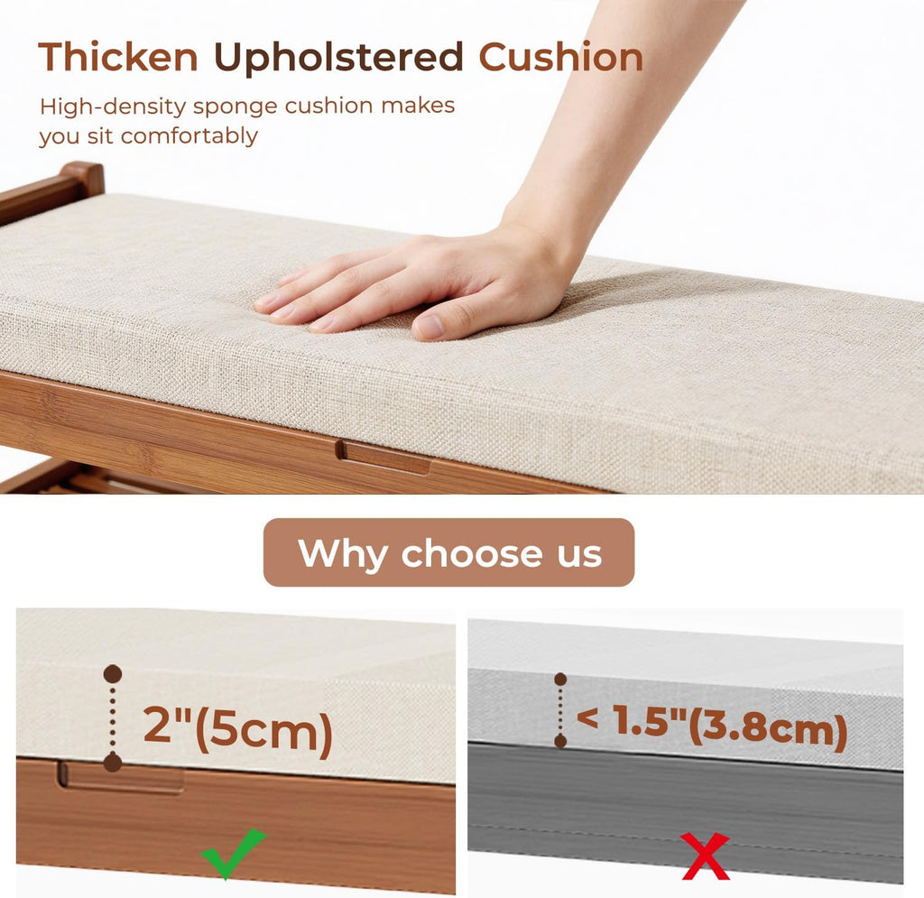 27.6" Bamboo Shoe Bench with Cushion, 2-Tier Storage Bench for Entryway, Heavy Duty Shoe Rack Organizer with Removable Soft Cushion for Living Room Bedroom Hallway