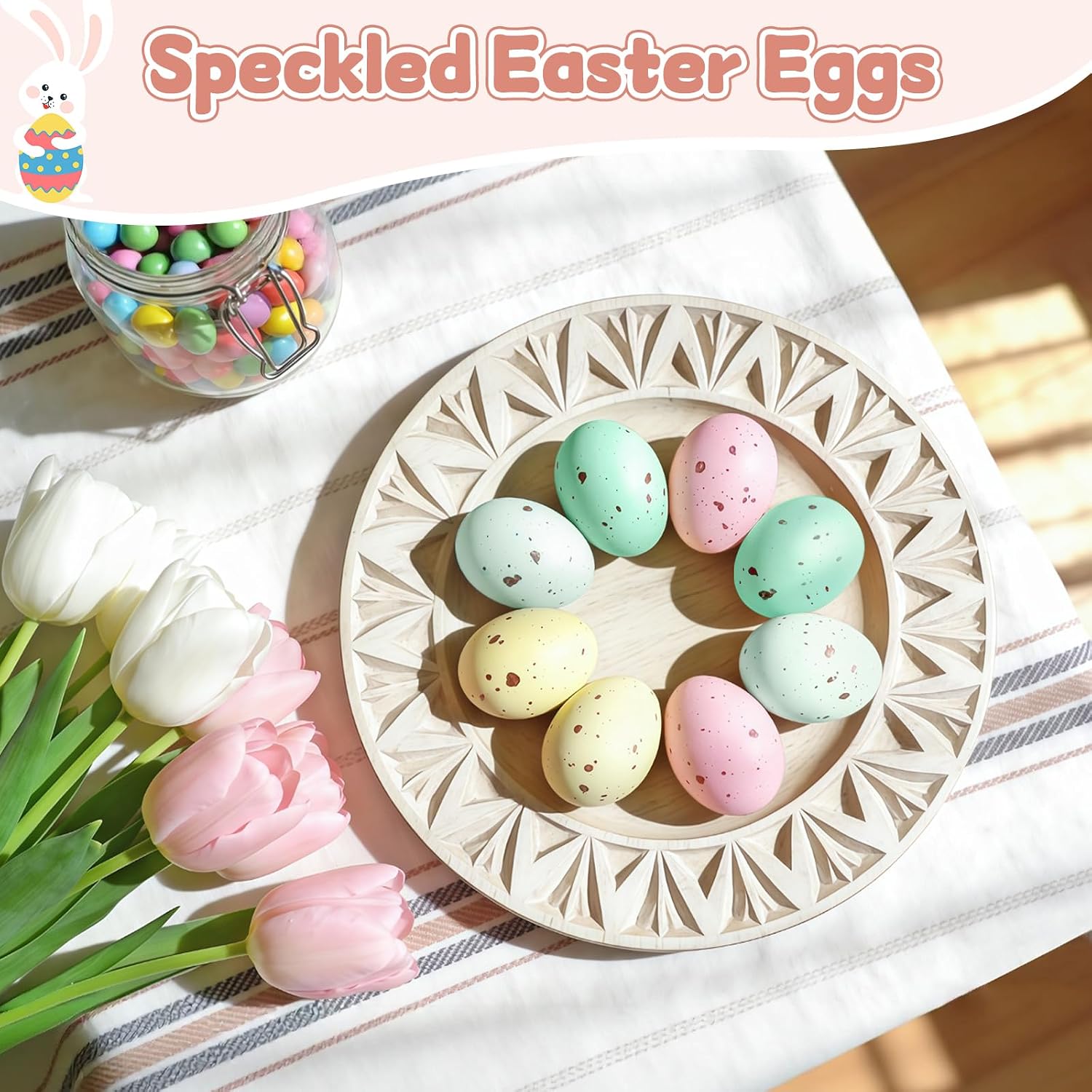 KJX 24 Pcs Plastic Speckled Easter Eggs, 2.4in 4 Colors Faux Pastel Speckled Eggs Bowl Vase Filler, Decorative Easter Eggs for Home Tables Centerpieces DIY Craft Spring Decor (Pastel)